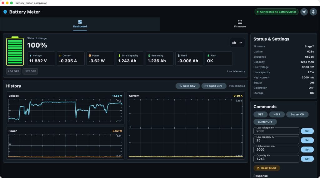 Flutter companion app dashboard connected to BatteryMeter over BLE, showing battery status, telemetry graphs, settings, and commands.