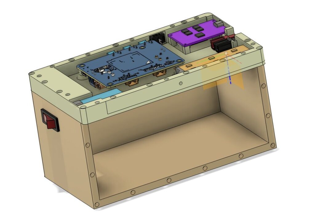 CAD model of the field LiFePO4 battery pack enclosure with the battery meter board and accessory boards placed inside.
