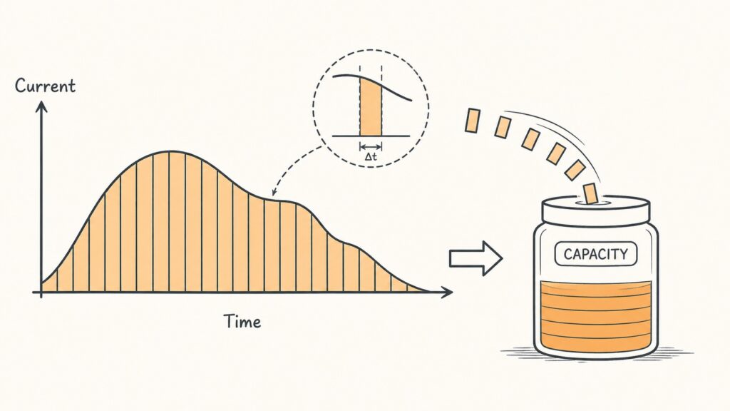 Line-art diagram showing a current-over-time curve divided into many narrow orange slices, with the slices being added into a capacity counter.