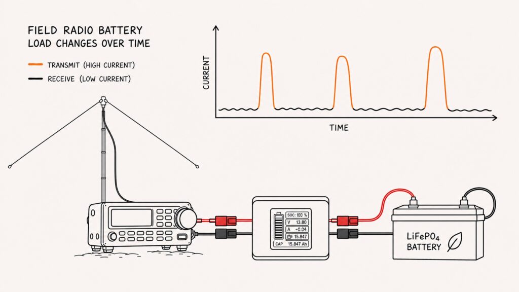 Line-art diagram showing an HF radio connected by feedline to a large field inverted-V dipole, a front-view battery meter based on the real build, and a LiFePO4 battery connected by red and black DC power wires with Anderson Powerpole-style connector pairs, with a current-over-time graph where transmit periods create higher current peaks.