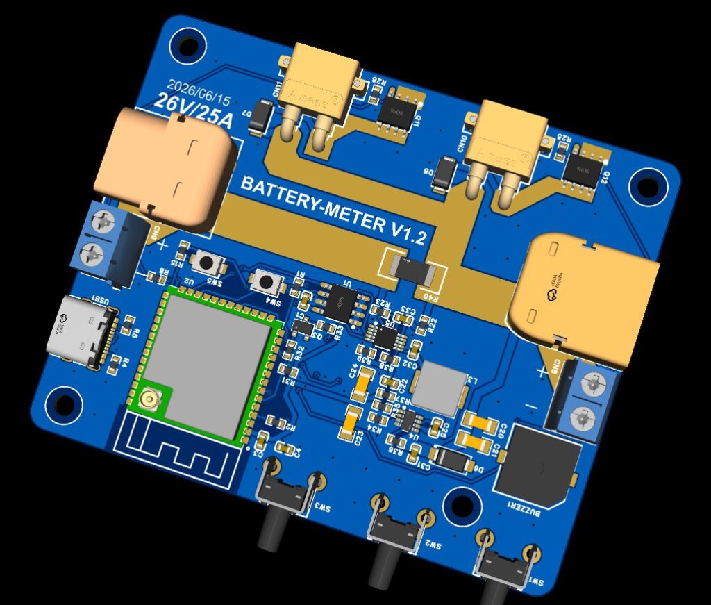 3D render of the battery meter PCB with ESP32-S3 module, XT30 connectors, buttons, buzzer, and wide current path.