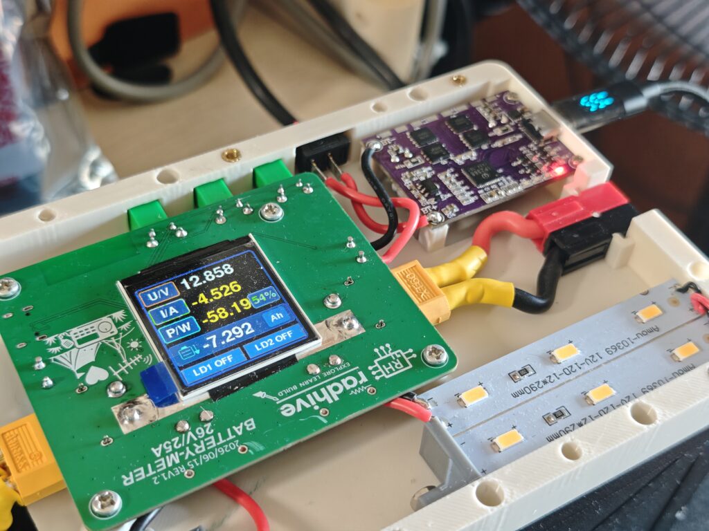 Open battery meter enclosure showing the TFT main measurement page with voltage, current, power, used capacity, percentage, and load output states.