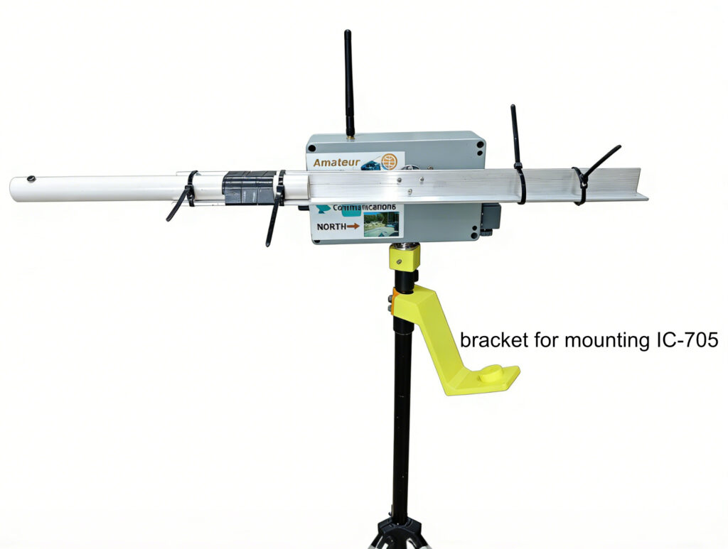 Fully assembled amateur radio antenna rotator system mounted on a tripod, featuring a custom 3D-printed IC-705 bracket. The unit is positioned horizontally with both the azimuth pointing to north.