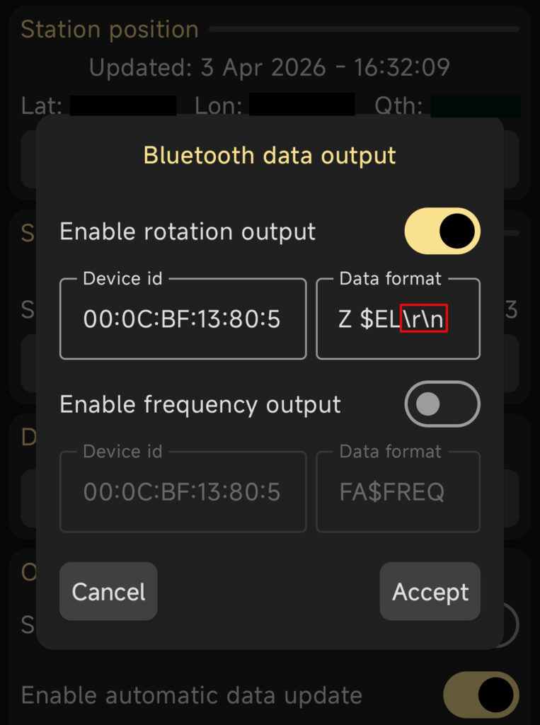 Screenshot of the Look4Sat mobile app's Bluetooth data output settings, showing the enabled rotation output with the required `\r\n` line ending appended to the data format string, configured for connection with a DIY amateur radio antenna rotator.