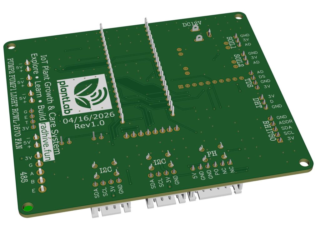 Bottom 3D render of PlantLab PCB with rear labels and connector layout