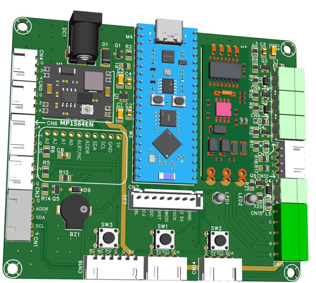 Top 3D render of PlantLab PCB with ESP32-S3 and connectors