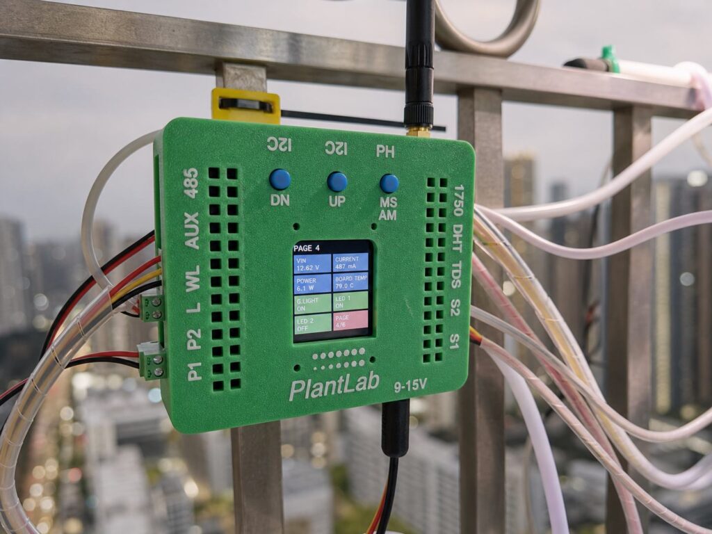 Close-up of PlantLab controller with TFT display buttons and connected wiring