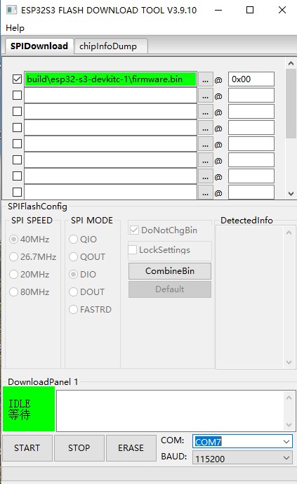 Espressif Flash Download Tool used to flash the PlantLab ESP32-S3 merged binary at address 0x0