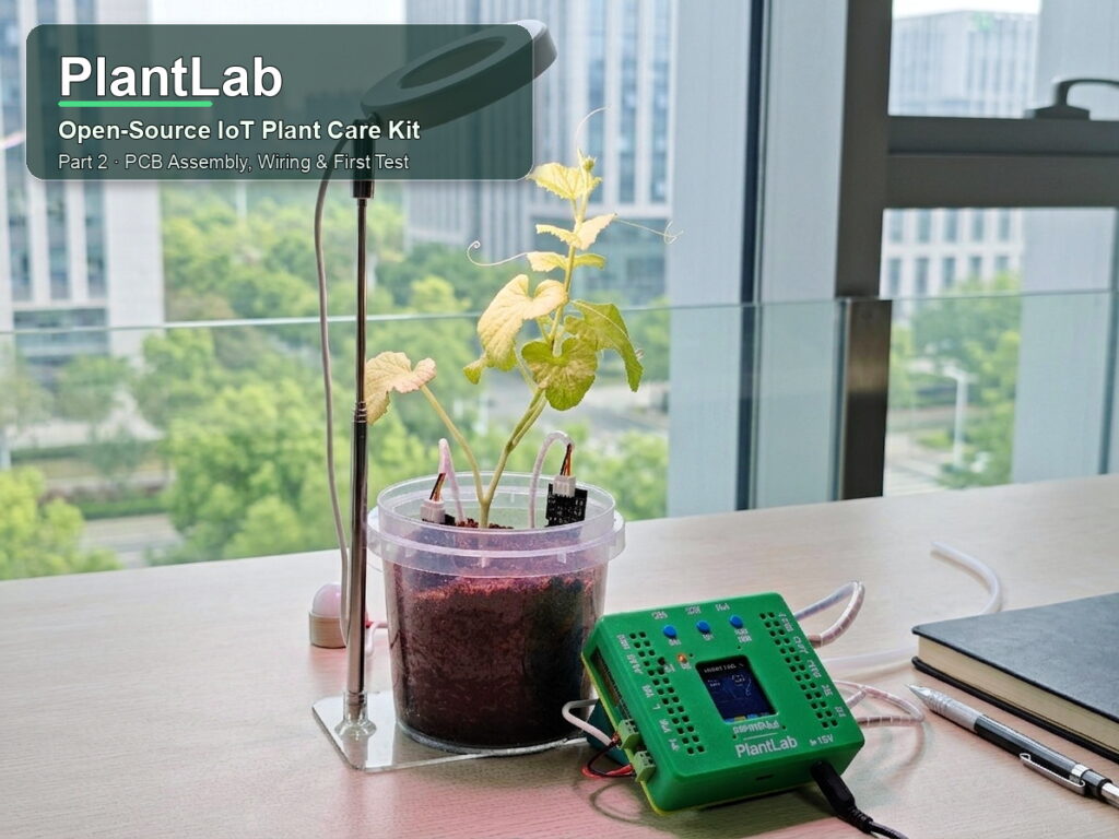 PlantLab open-source IoT plant care kit deployed with plant sensors, grow light, controller, and article title