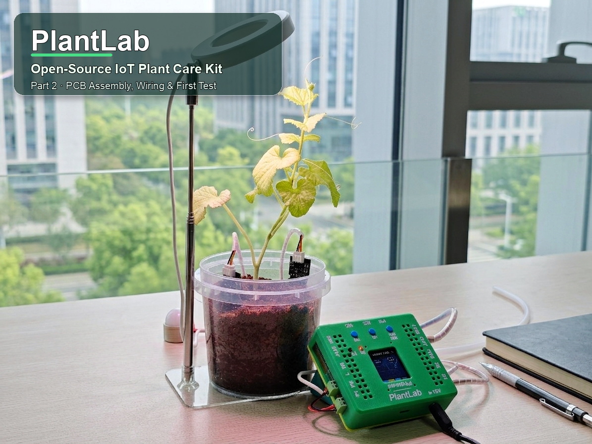 PlantLab open-source IoT plant care kit deployed with plant sensors, grow light, controller, and article title