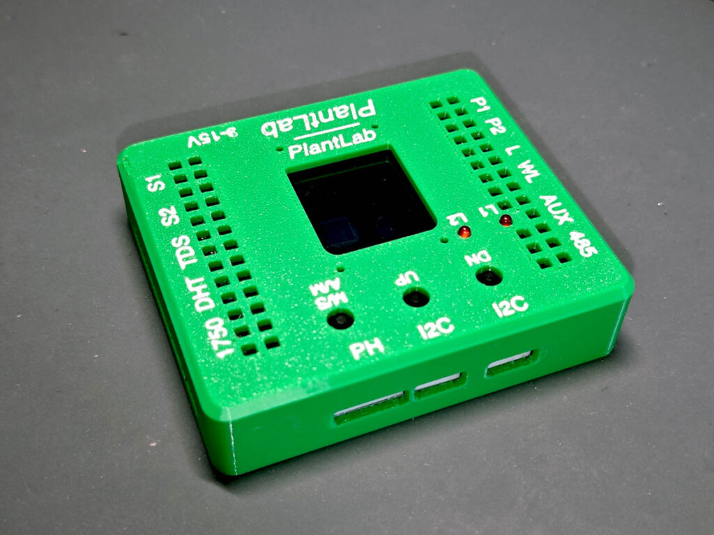 PlantLab front cover showing TFT display window, LEDs, and button alignment
