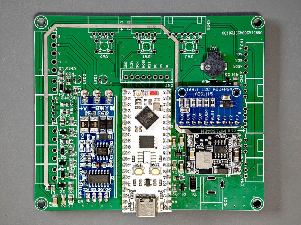 PlantLab main PCB with ESP32-S3, ADS1115, RS485, and MP1584EN modules installed