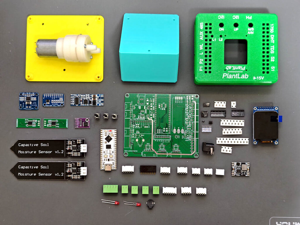 PlantLab open-source IoT plant care kit parts and tools prepared before PCB assembly