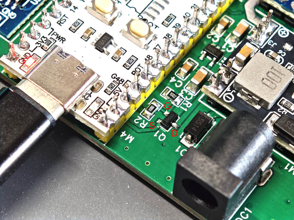 PlantLab Q1 power-switch MOSFET pins marked gate source and drain