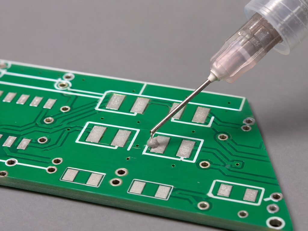 Illustration of using a syringe to place small solder paste dots on SMD PCB pads